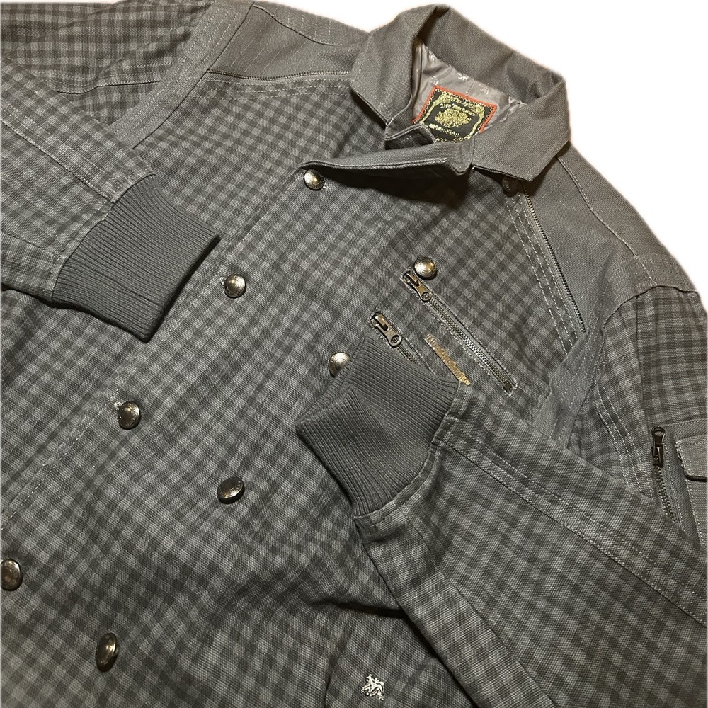 Live Mechanics Canvas Checked Plaid Gray Streetwear Moto Grunge Stud Coat 2XL - Picture 3 of 16